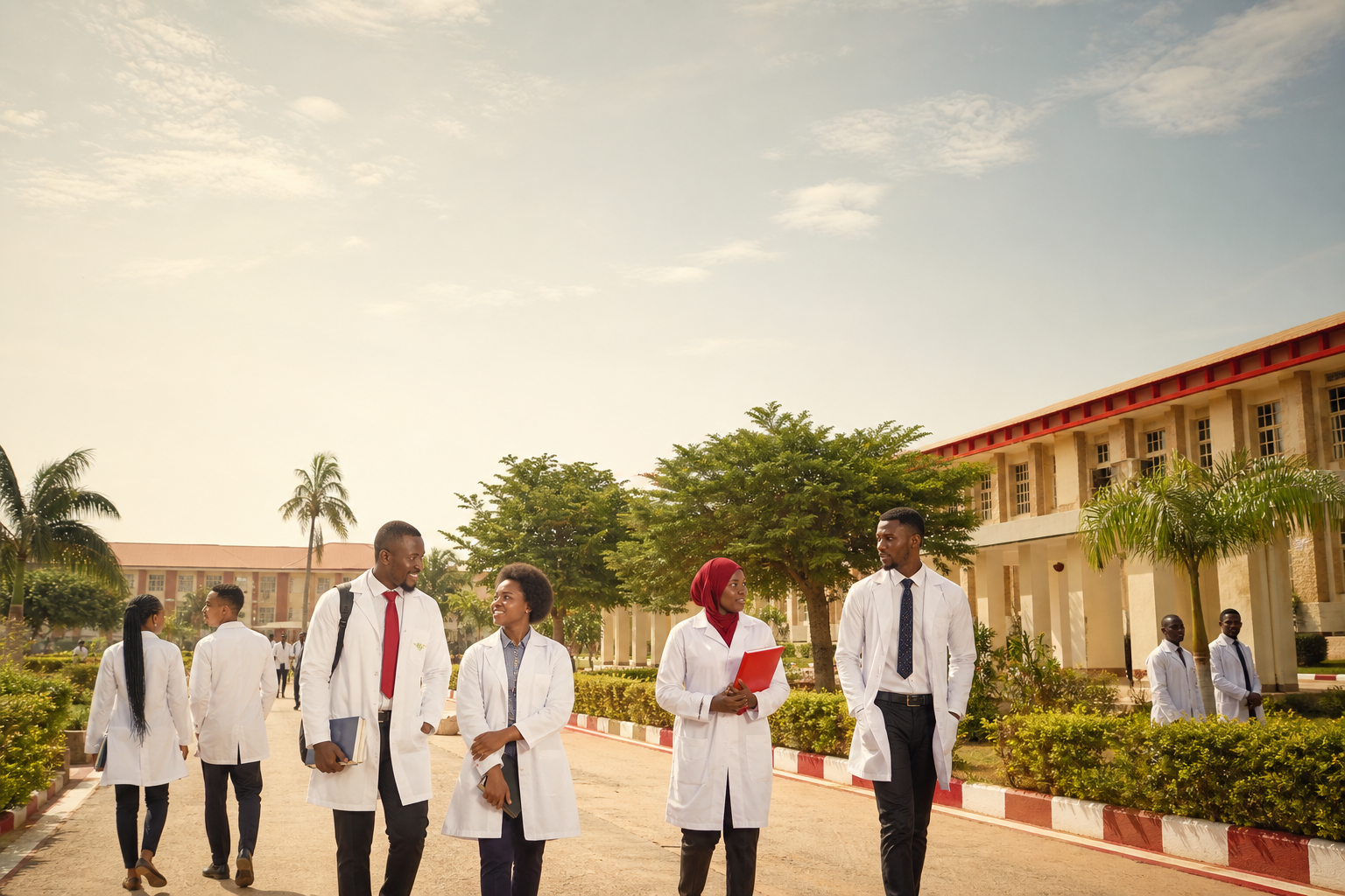 Health technology students in lab coats on the college campus